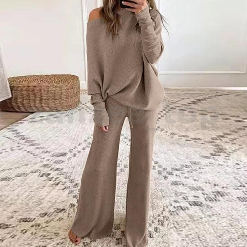 Women Knit Suits Set One Shoulder Puff Sleeve Shirt Tops Wide Legs Long  Pants US