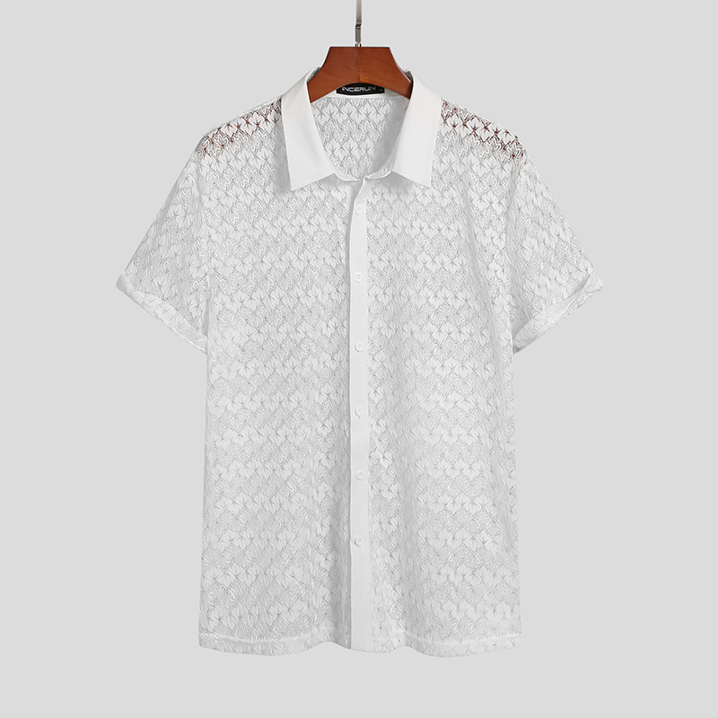 Sexy Mens Lace Short Sleeve Shirts Floral Mesh Tops Slim Fit Clubwear Party Tee - Picture 11 of 11