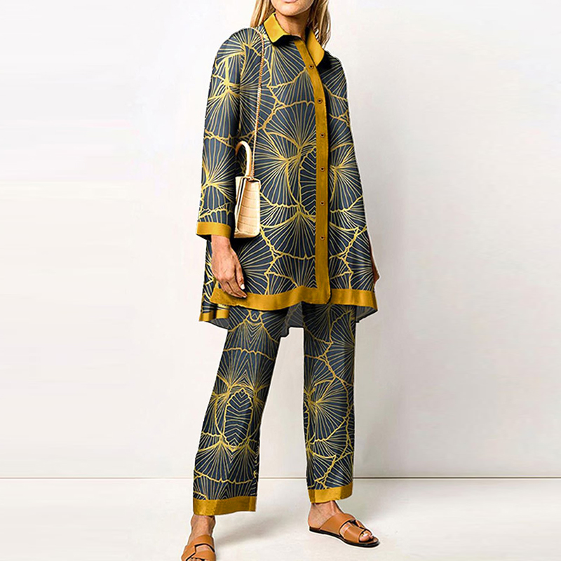 2PCS Sets Floral Print Long Sleeve Tops Shirt Loose Pants Trousers Pajamas Suit