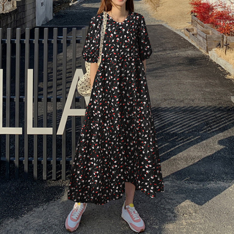 Maxi Vestido Floral Para Mujer Línea A Largo Maxi Vestido Abullonado Manga Corta Solero Plus - Imagen 13 de 15