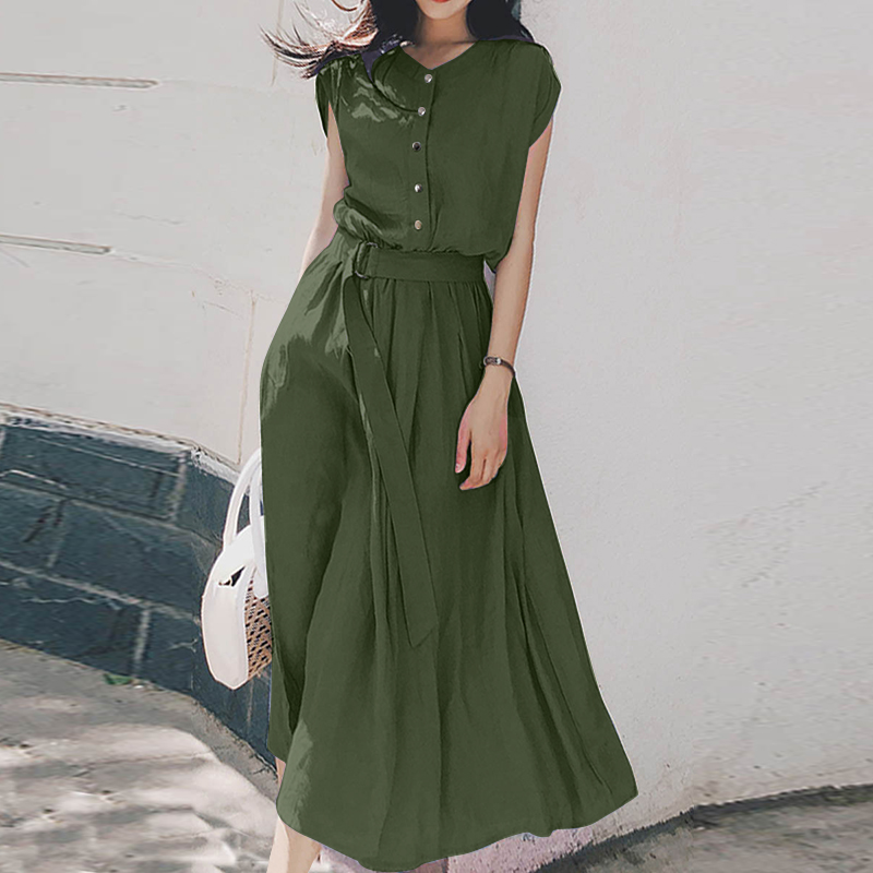 Summer Women Short Sleeve Crewneck Midi Dress Casual Loose Shirt Dresses Bleted - Picture 14 of 14