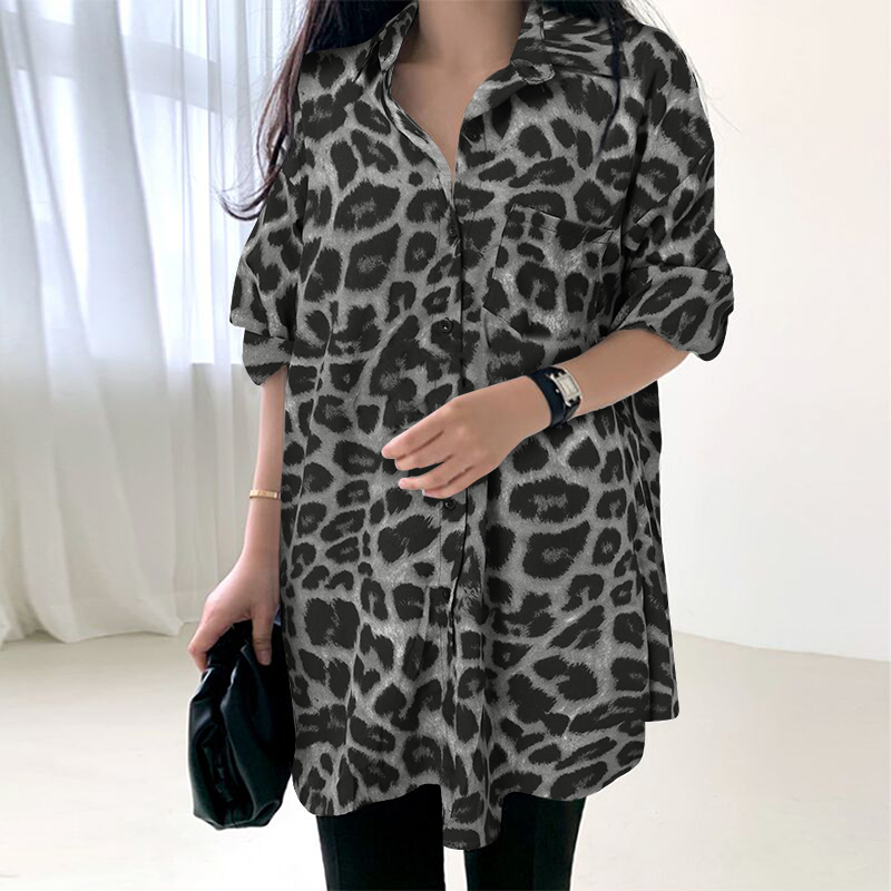 Womens Long Sleeve Leopard Printed Shirts OL Office Workwear Baggy Floral Tops - Picture 12 of 13