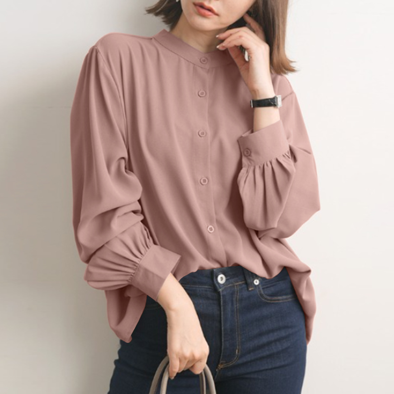 UK Womens Puff Sleeve Mock Neck Chiffon Shirt Cocktail Party Tops Loose  Blouse
