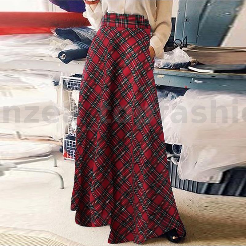 Women Vintage Plaid Check Long Maxi Skirt High Waist Ladies Party