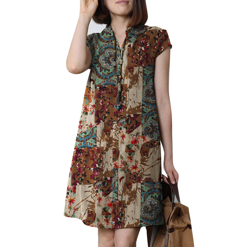 Mujeres Cuello en V Informal Estampado Mini Vestido Verano Manga Corta Suelto Bohemia Vestidos - Imagen 13 de 13