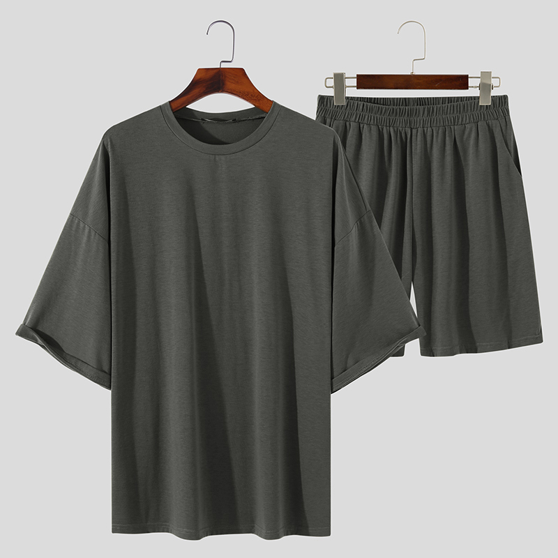 Hombres Manga Corta Informal Suelto Ropa de Salón Cuello Redondo Camisetas Pantalones Cortos Pijama Conjuntos - Imagen 14 de 14