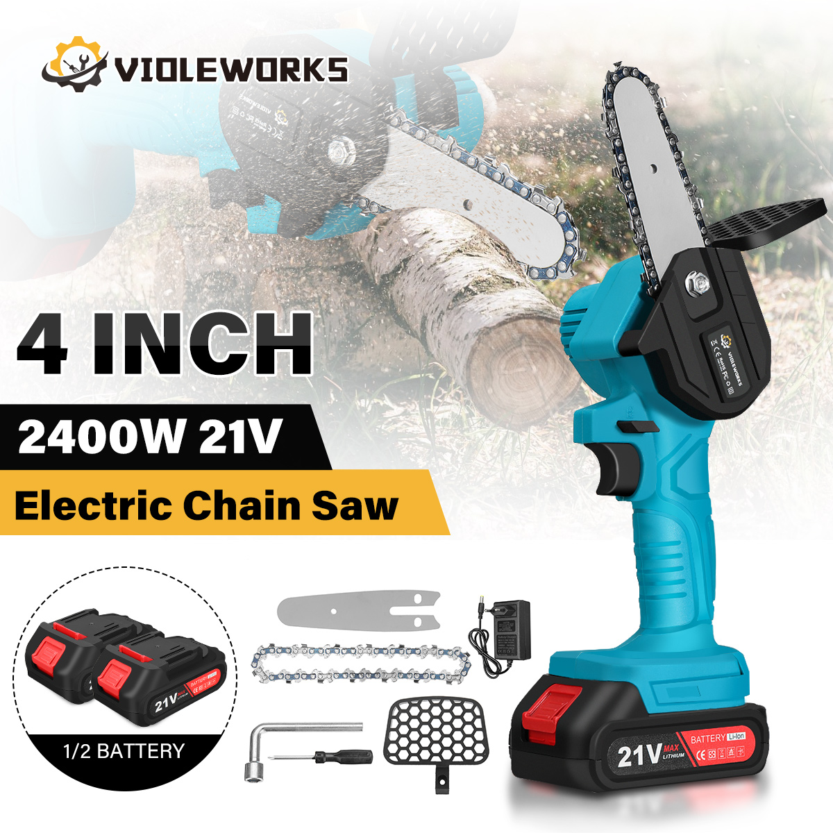 2400W Electric Chainsaw Saw Cordless Handheld Pruning Garden Battery Wood