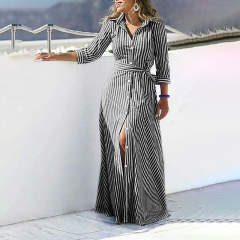 Casual Striped Print Lace Up Buckle Turndown Collar A Line Dresses Casual Striped Print Lace Up Buckle Turndown Collar A Line Dresses