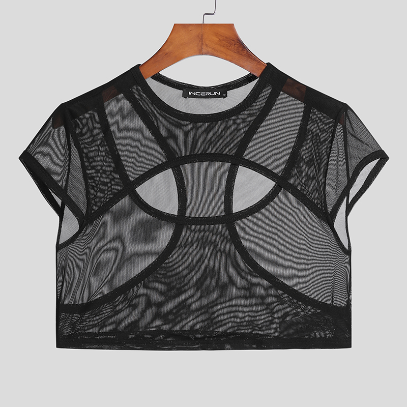 Men's Short Sleeve Shiny Fishnet Crop Tops Sheer Mesh Nightclub