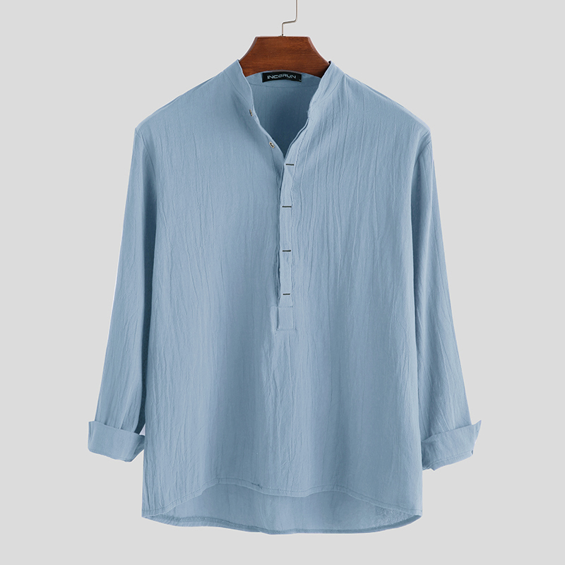US STOCK Men's Long Sleeve 100%Cotton Solid Shirt Holiday Blouse Henley Tops - Picture 10 of 13