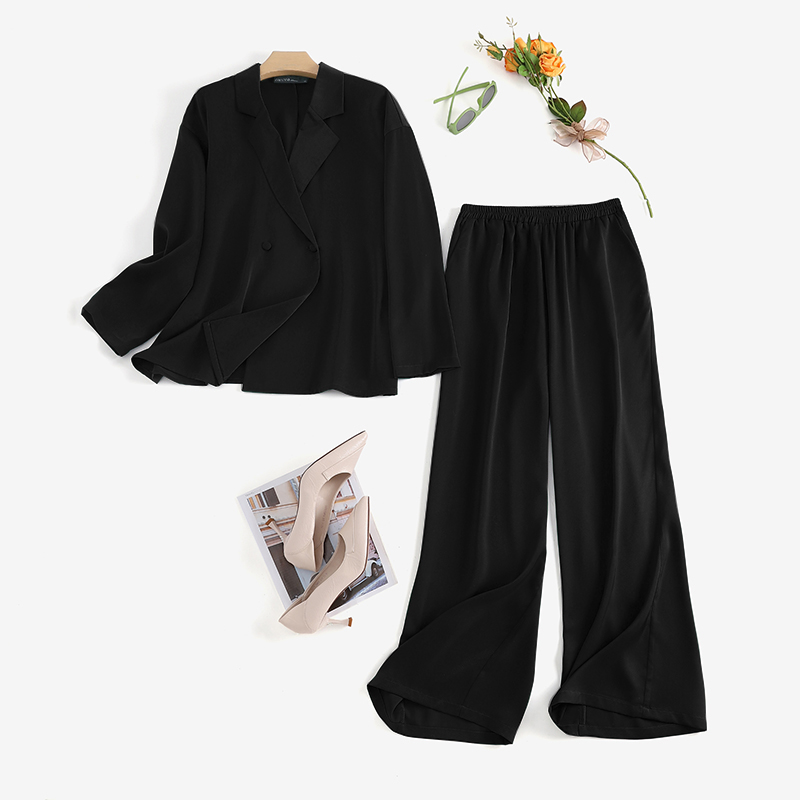 2PCS Women V Neck Long Sleeve Tops Blazer Wide Leg Pants Trousers Formal Suits