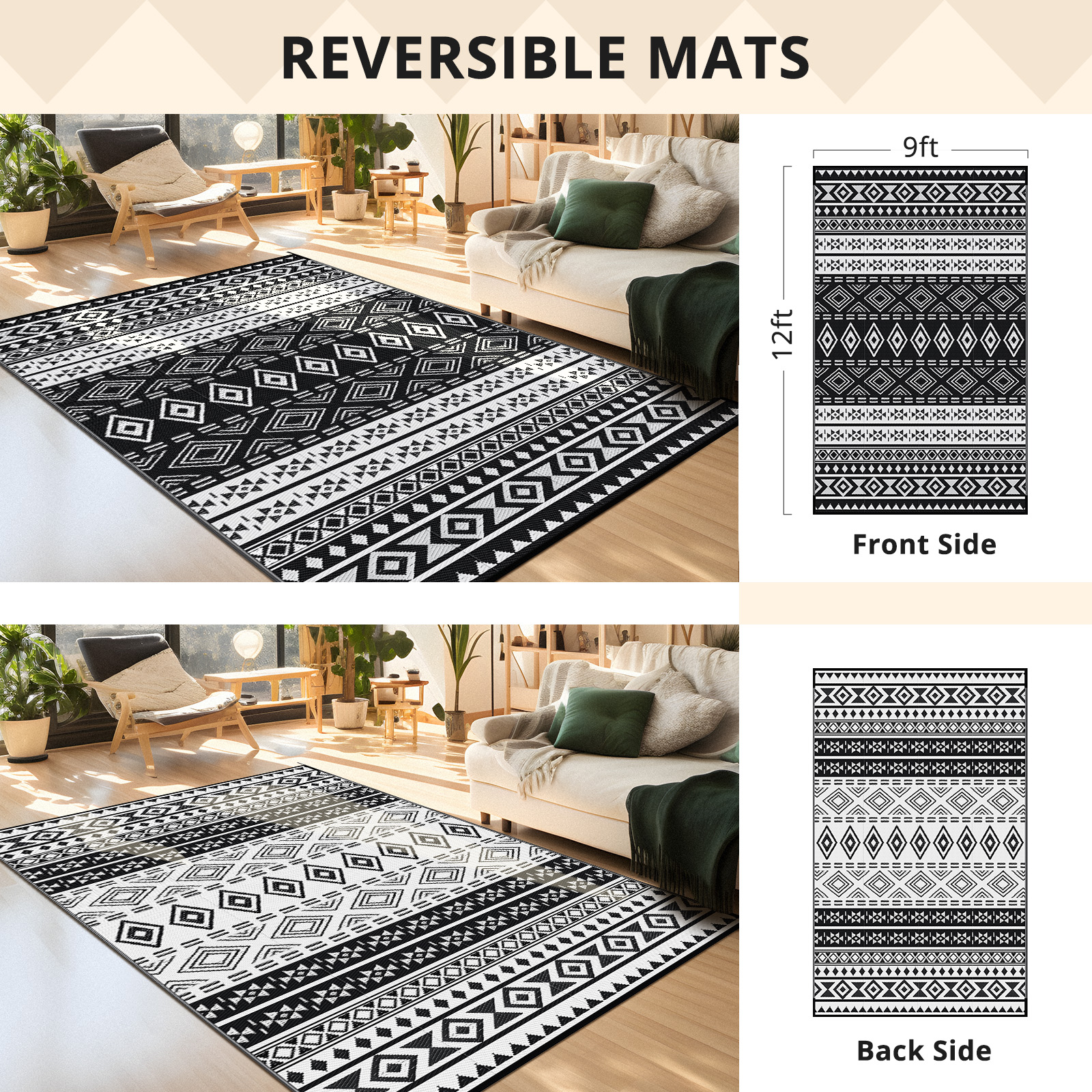 (5'x'8, 6'x9', 9'x12') Bohimian Patio Mat Outdoor Rugs Reversible RV Camping Rug - Picture 13 of 13