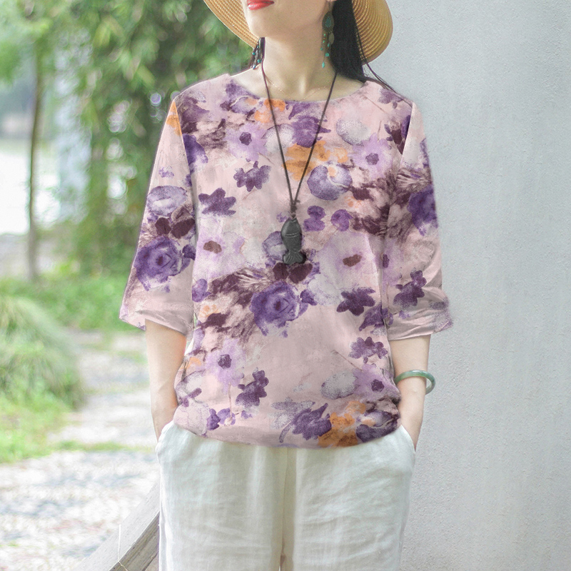 ZANZEA Women Floral Printed Blouse 3/4 Sleeve Crewneck Casual Loose Pullover Top - Picture 13 of 31