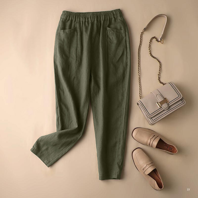 Womens Summer Casual Loose Harem Trousers Elastic Waist Cotton Linen Chino Pants - Picture 14 of 14