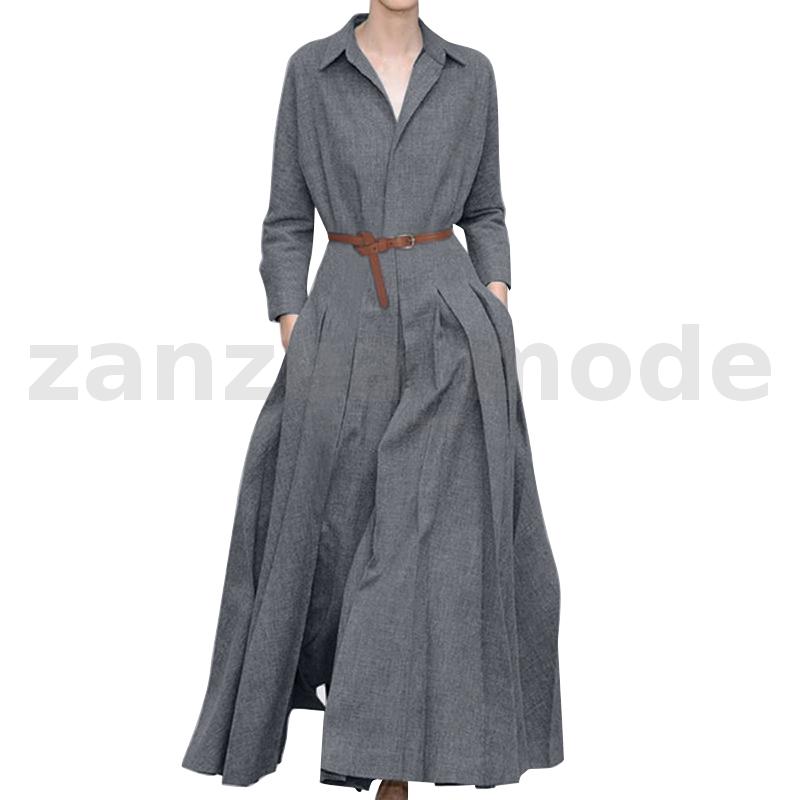 ZANZEA Women Formal Work OL Shirt Dress Belt Front Pleated Plain Long Maxi Dress