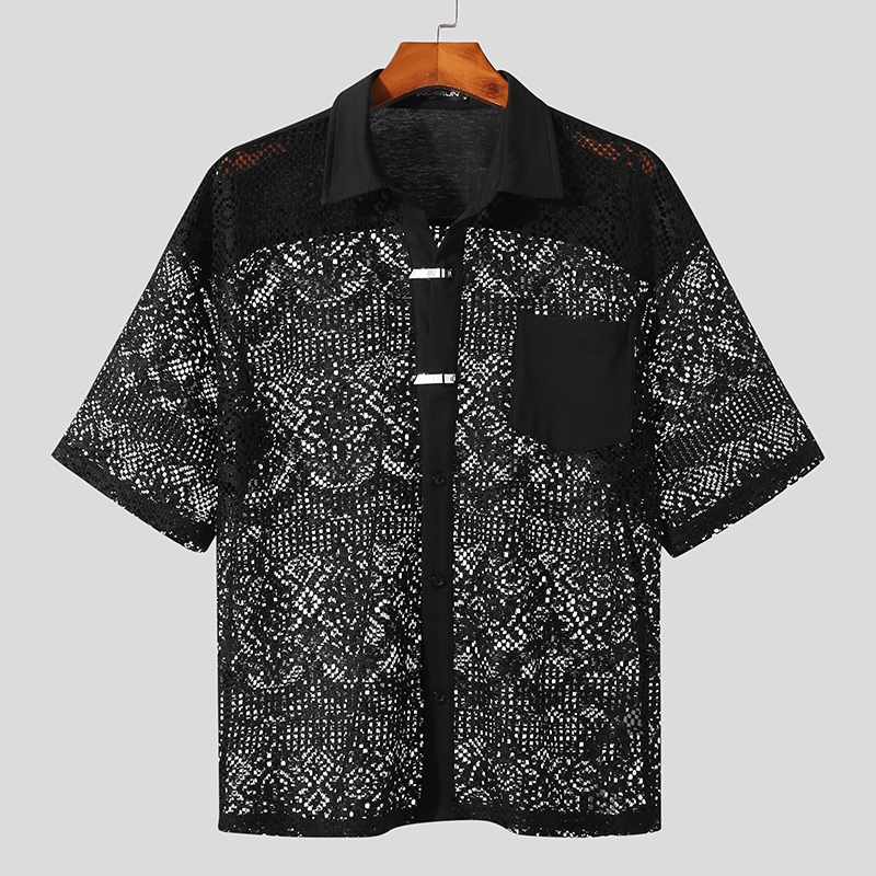 Summer Mens Floral Lace Shirt Short Sleeve Button Up Hollow Out