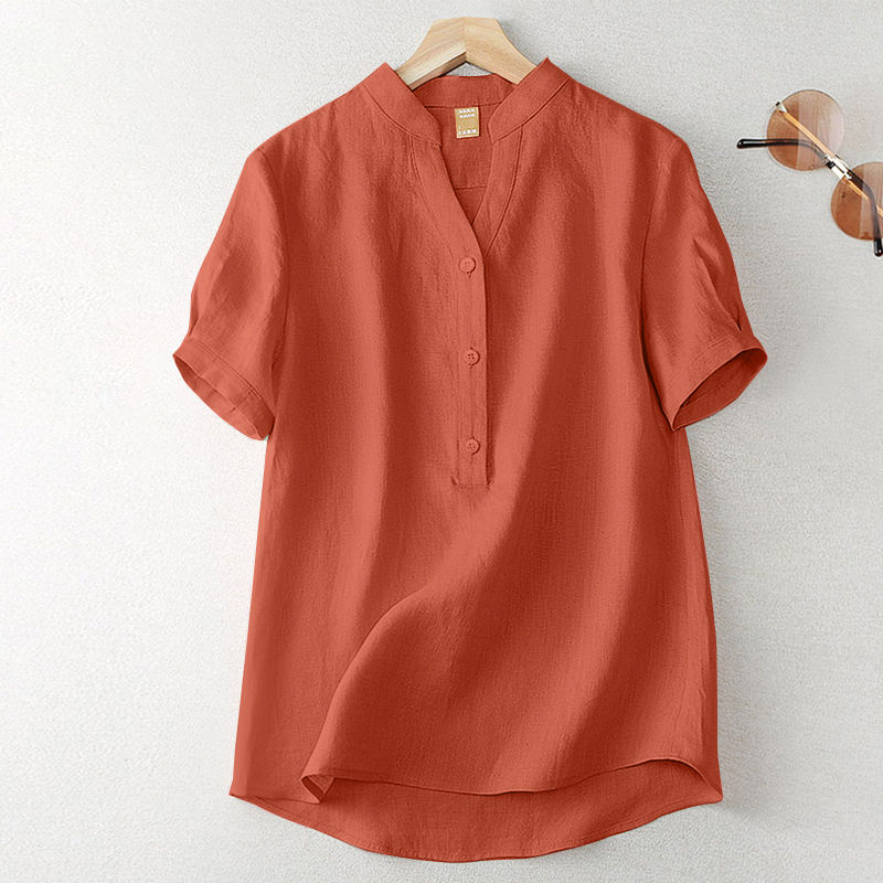 Women Summer Casual Loose Shirt Blouse Collarless V Neck Button Up