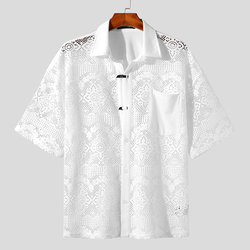 Summer Mens Floral Lace Shirt Short Sleeve Button Up Hollow Out Tee Shirt  Tops