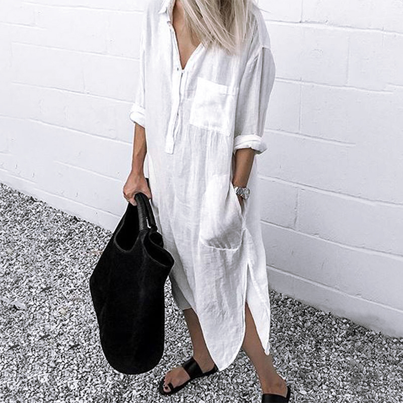 Otoño Mujeres Cuello Botones Vestido Damas Oficina Negocios Largo Maxi Camisa Vestido - Imagen 10 de 12