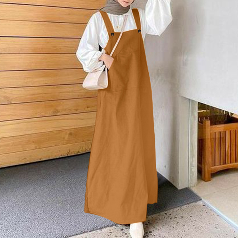 Vintage Women Strappy Long Dress Overalls Casual Loose Shirt Dresses Kaftan Robe