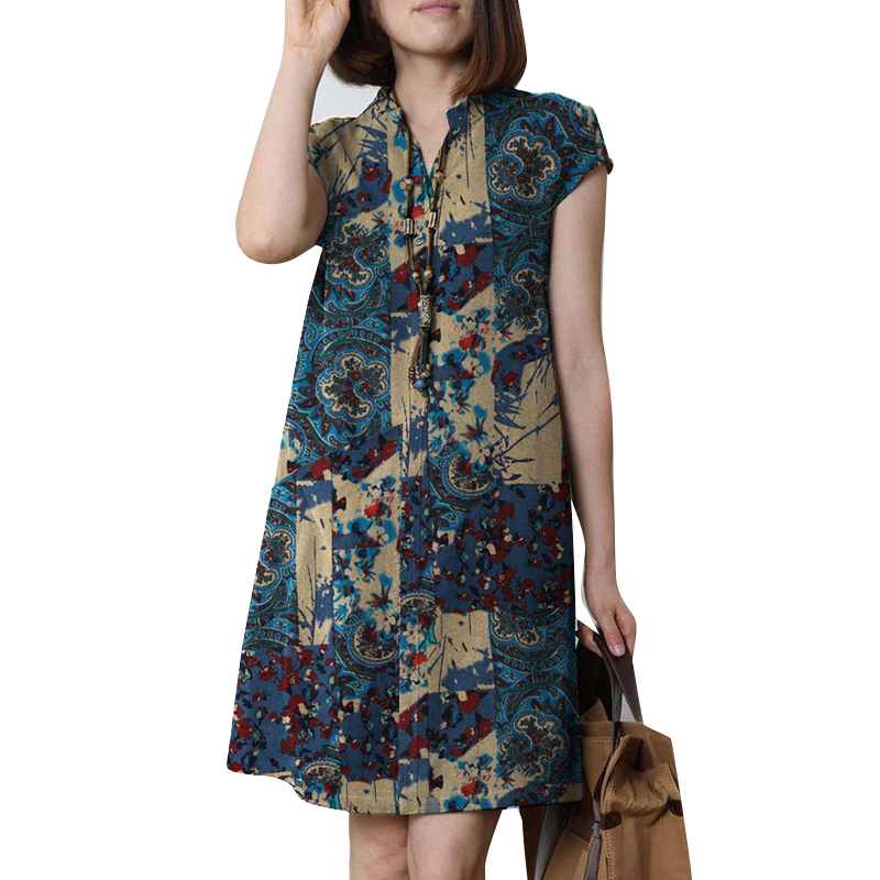 Mujeres Cuello en V Informal Estampado Mini Vestido Verano Manga Corta Suelto Bohemia Vestidos - Imagen 12 de 13