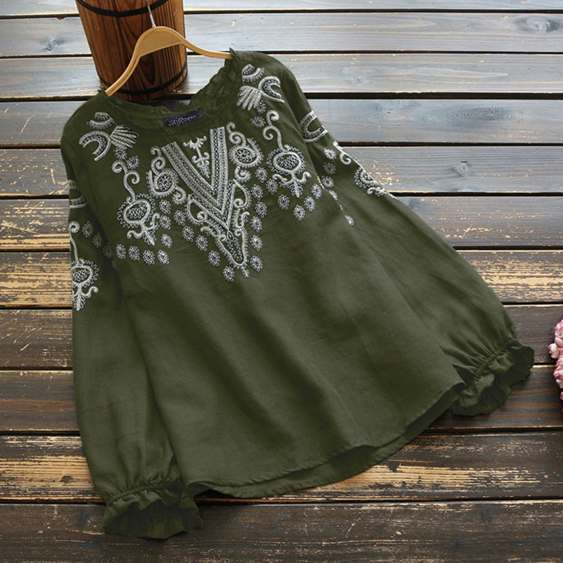 ZANZEA Womens Floral Embroidered T Shirt Long Sleeve Casual Oversized Hippie Tee - Picture 15 of 15