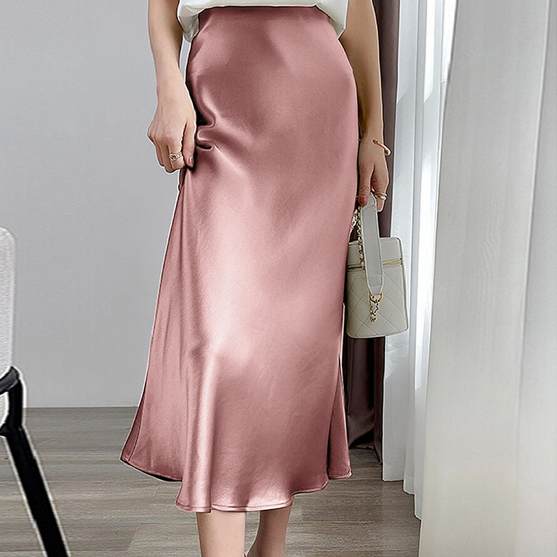 Womens Satin Silk A-line Skirt Office Lady Fashion Summer High Waist Long  Skirts