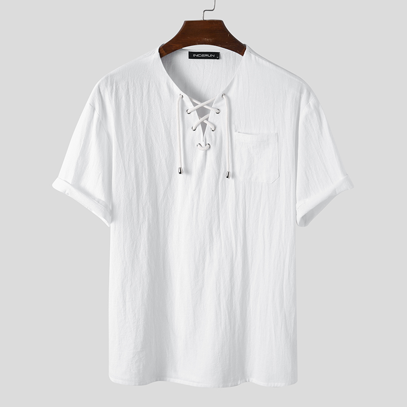 Camisas con cordones de lino de algodón de manga corta para hombres hippie suelto de playa de yoga camisa - Imagen 14 de 15