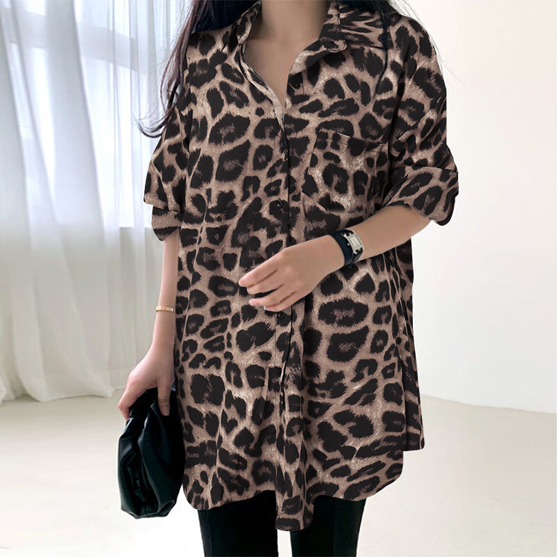 Womens Long Sleeve Leopard Printed Shirts OL Office Workwear Baggy Floral Tops - Picture 11 of 13
