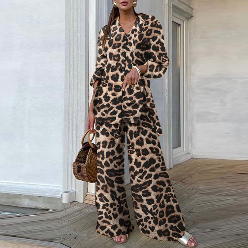 2PCS Women Leopard Printed Long Sleeve Tops Shirt Wide Leg Pants Trousers Suits - Picture 14 of 14