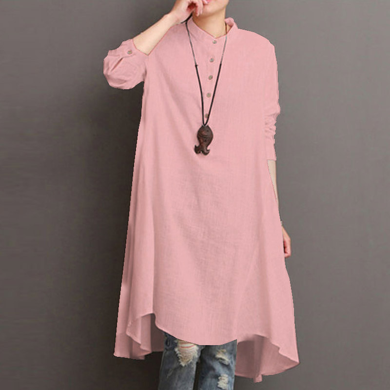 ZANZEA 8-24 Womens Long Sleeve Plain Shirts Dress Irregular Hem