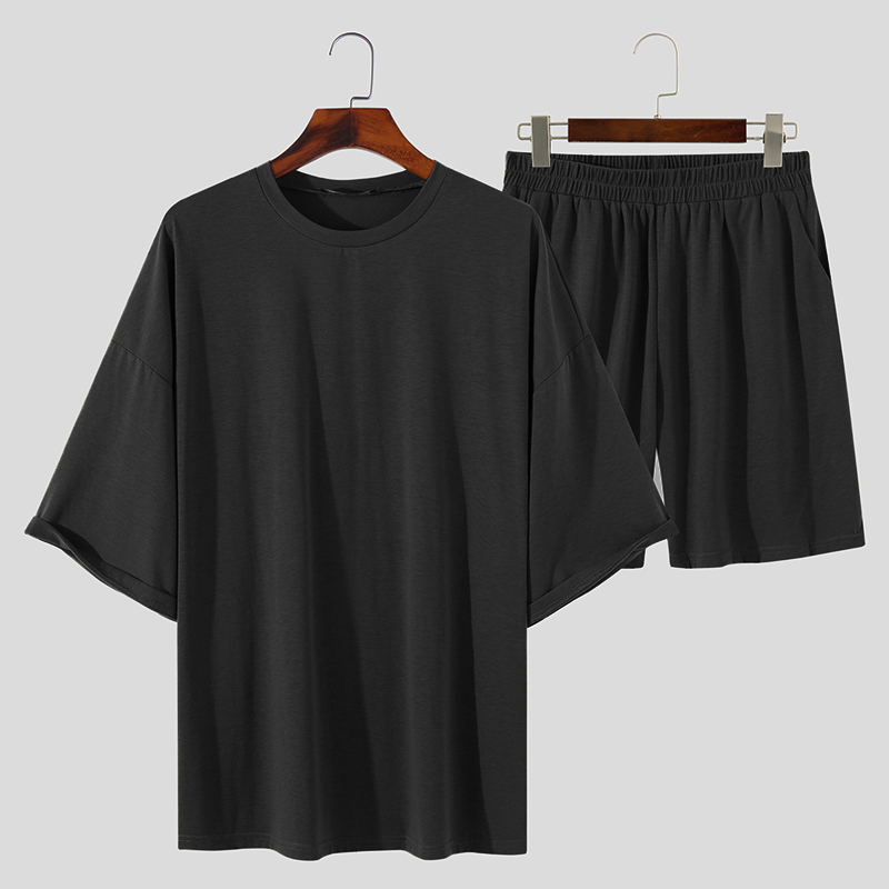 Hombres Manga Corta Informal Suelto Ropa de Salón Cuello Redondo Camisetas Pantalones Cortos Pijama Conjuntos - Imagen 12 de 14