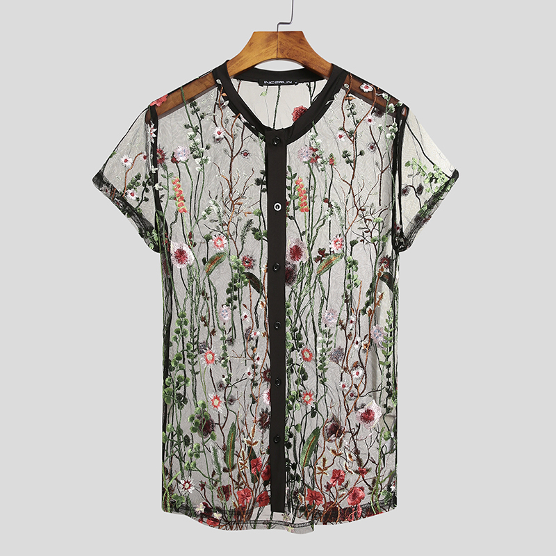 Men Sexy Shirt Short Sleeve Floral See Through Tops Fashion Mesh Sheer Beach Tee - Bild 13 von 14