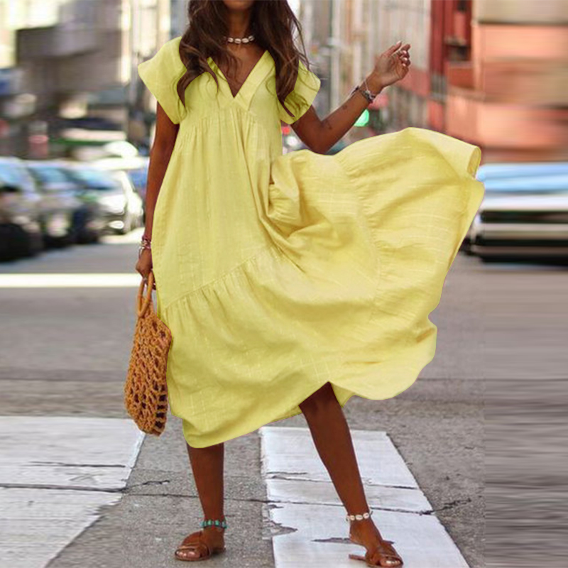 Maxi Vestido Largo de Gran Tamaño para Mujeres Mangas Cortas Cuello en V Largo Vestido de Vacaciones Liso Largo - Imagen 15 de 16
