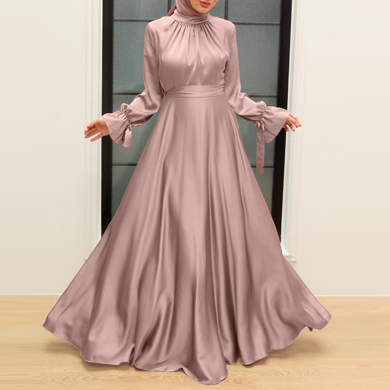 Women Silky Satin Muslim KAftan Abaya Long Sleeve Round Neck Long Maxi Dress NEW - Picture 13 of 16