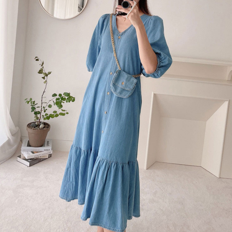 UK Women Summer V Neck Denim Jeans Long Dress Casual Loose Shirt Dresses Kaftan