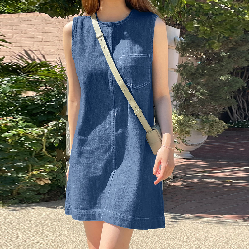 Womens Sleeveless O Neck Denim Blue Tank Mini Dress Casual Loose A Line Dresses