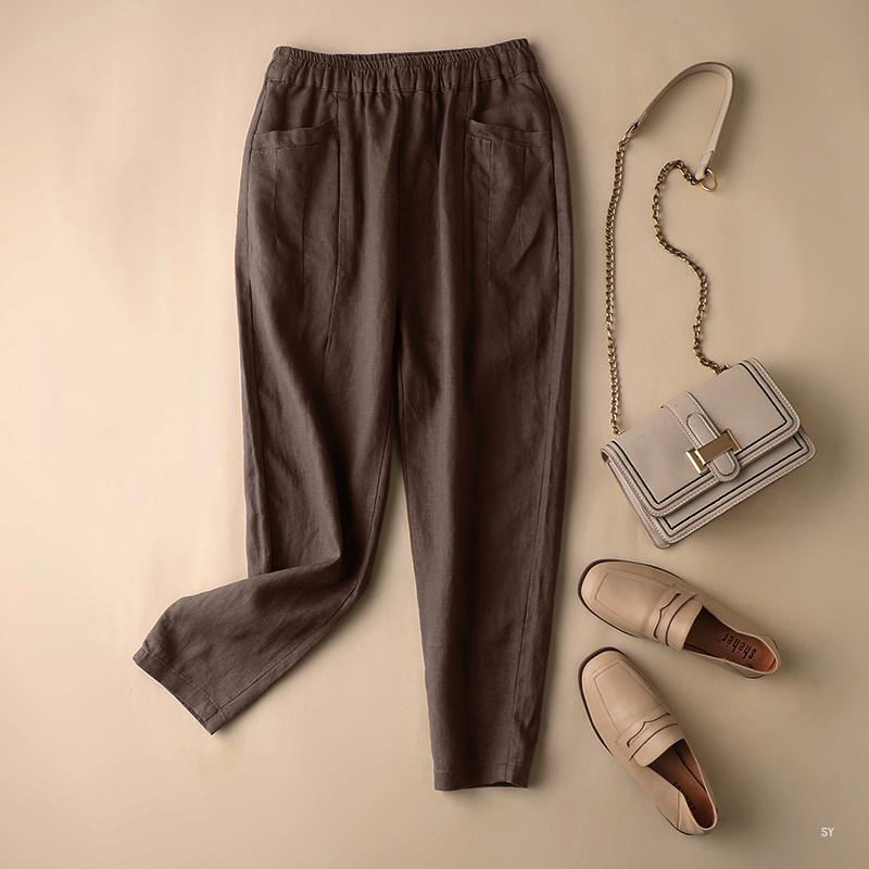 Womens Summer Casual Loose Harem Trousers Elastic Waist Cotton Linen Chino Pants - Picture 13 of 14