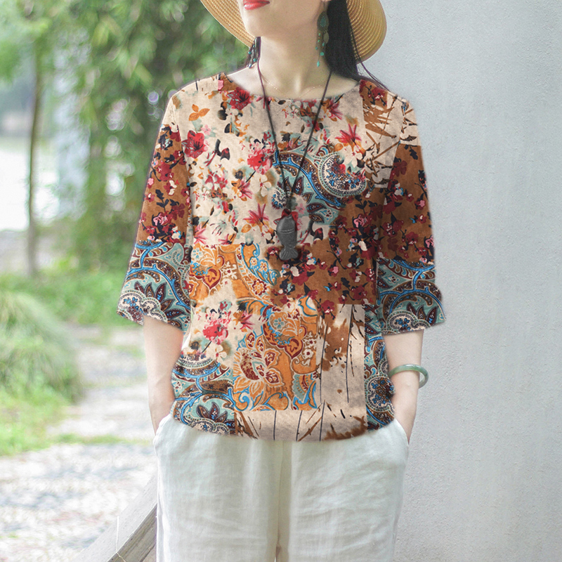 ZANZEA Women Floral Printed Blouse 3/4 Sleeve Crewneck Casual Loose Pullover Top - Picture 16 of 31