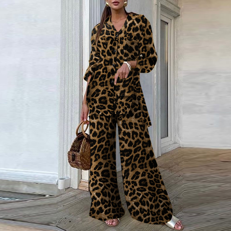 2PCS Women Leopard Printed Long Sleeve Tops Shirt Wide Leg Pants Trousers Suits - Picture 13 of 14
