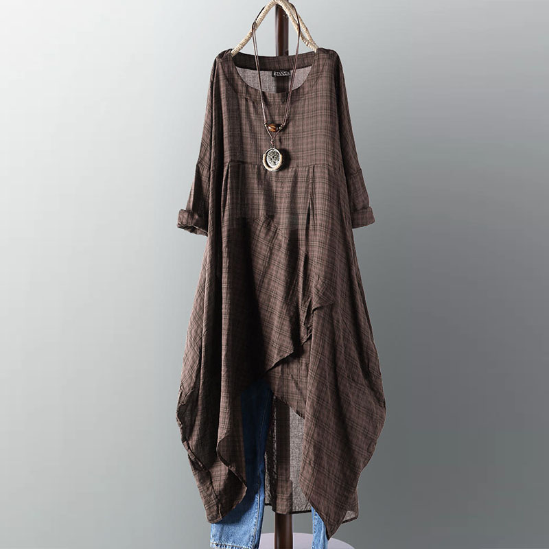 Womens Winter Check Plaid Long Tops Shirt Casual Loose Shift Dress Kaftan 8-24 - Picture 12 of 14