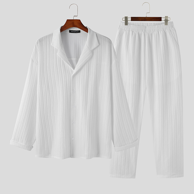 Hombres Manga Larga Informal Camisas con Botones Cintura Elástica Pantalones Trajes Ropa de Salón Conjunto - Imagen 14 de 14