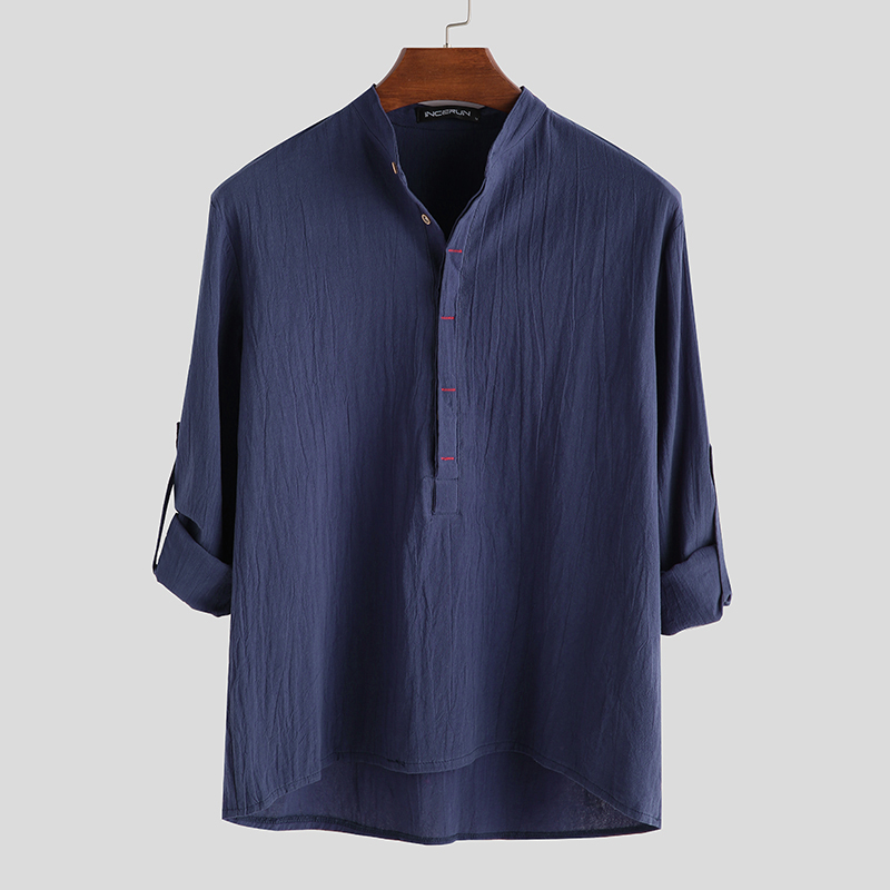 US STOCK Men's Long Sleeve 100%Cotton Solid Shirt Holiday Blouse Henley Tops - Picture 12 of 13