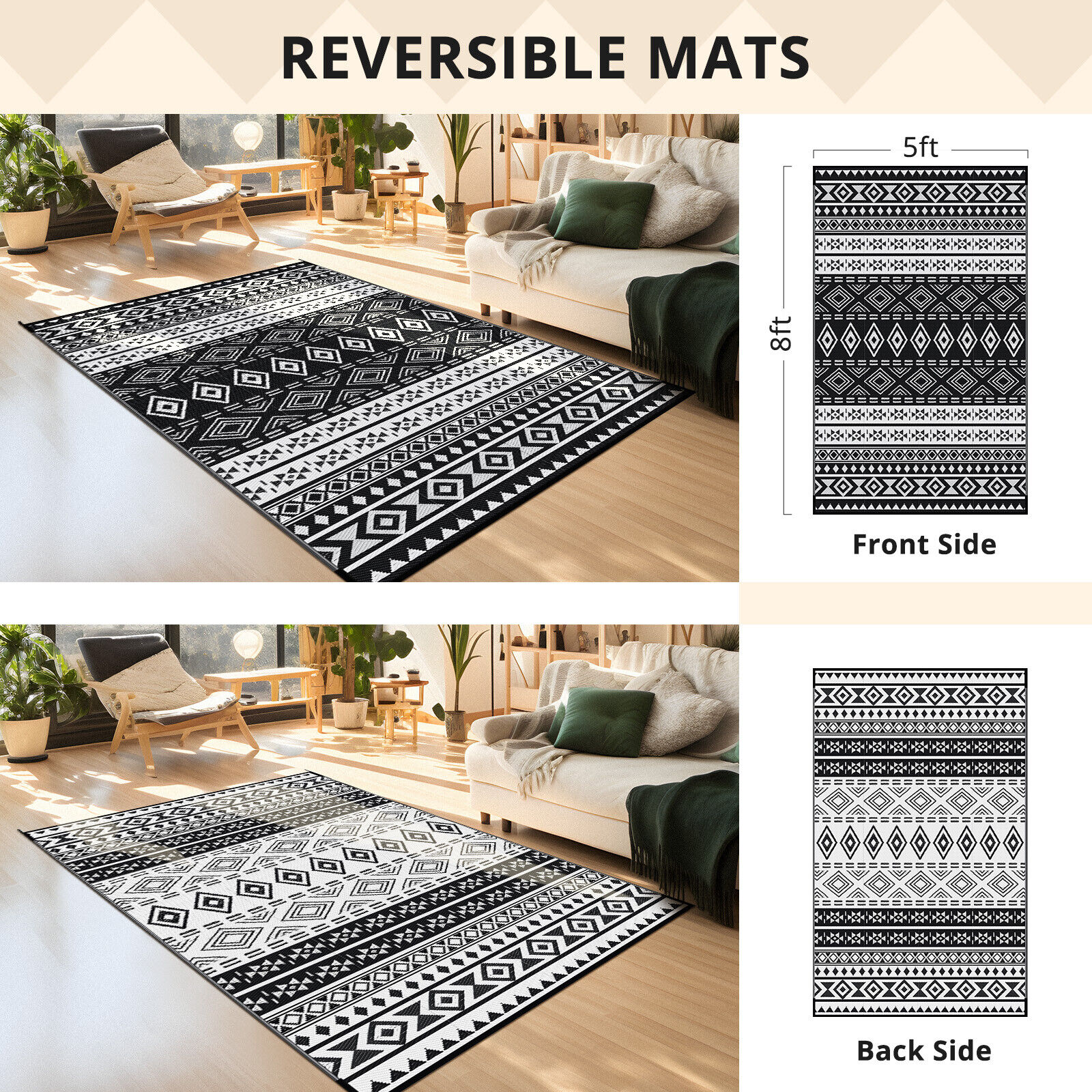 (5'x'8, 6'x9', 9'x12') Bohimian Patio Mat Outdoor Rugs Reversible RV Camping Rug - Picture 11 of 13