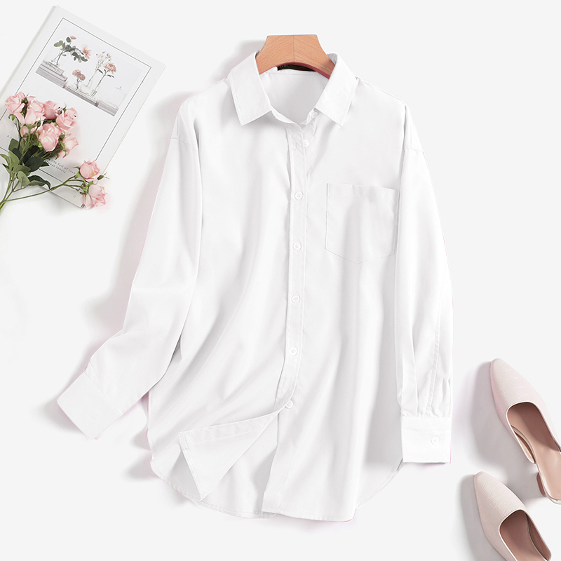 Womens Long Sleeve Plain Lapel Shirts Formal School Business Oversized Tops Tee - Picture 13 of 15