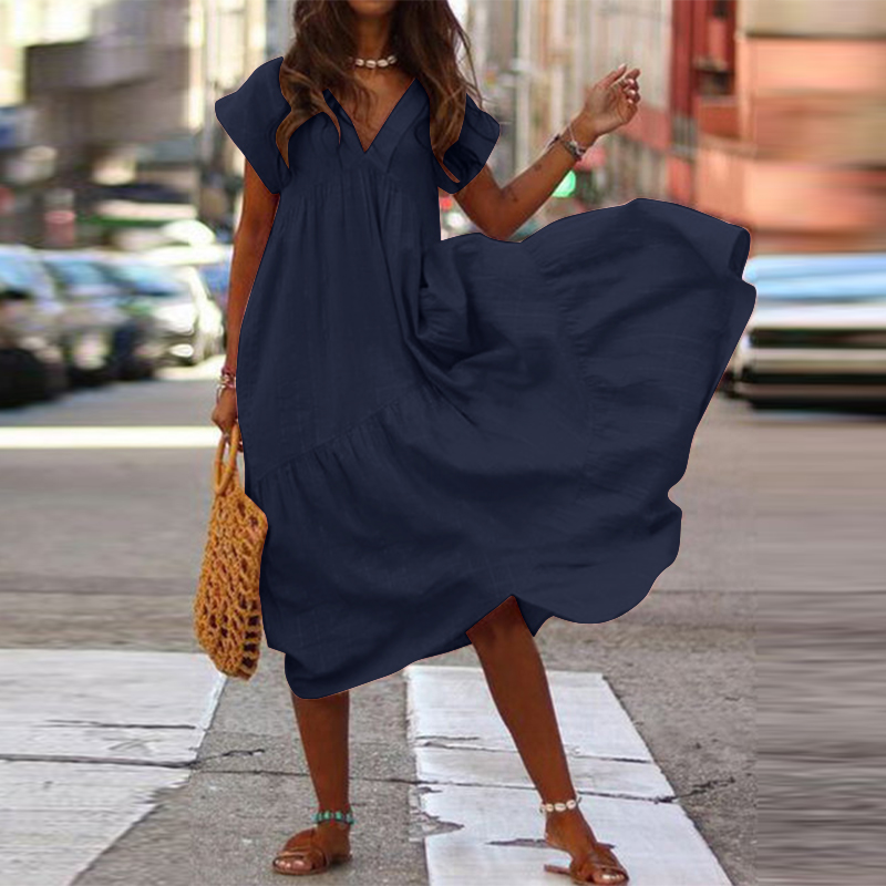 Maxi Vestido Largo de Gran Tamaño para Mujeres Mangas Cortas Cuello en V Largo Vestido de Vacaciones Liso Largo - Imagen 11 de 16