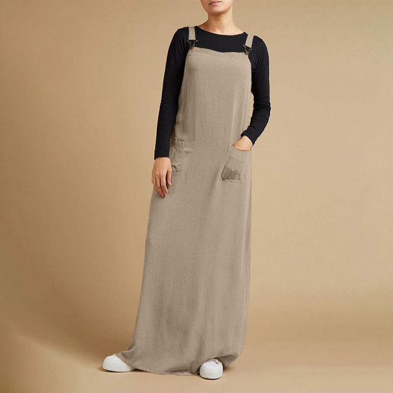 Women Strappy Pinafores Bib Overalls Solid Loose Casual Vintage Long Maxi Dress - Picture 13 of 14