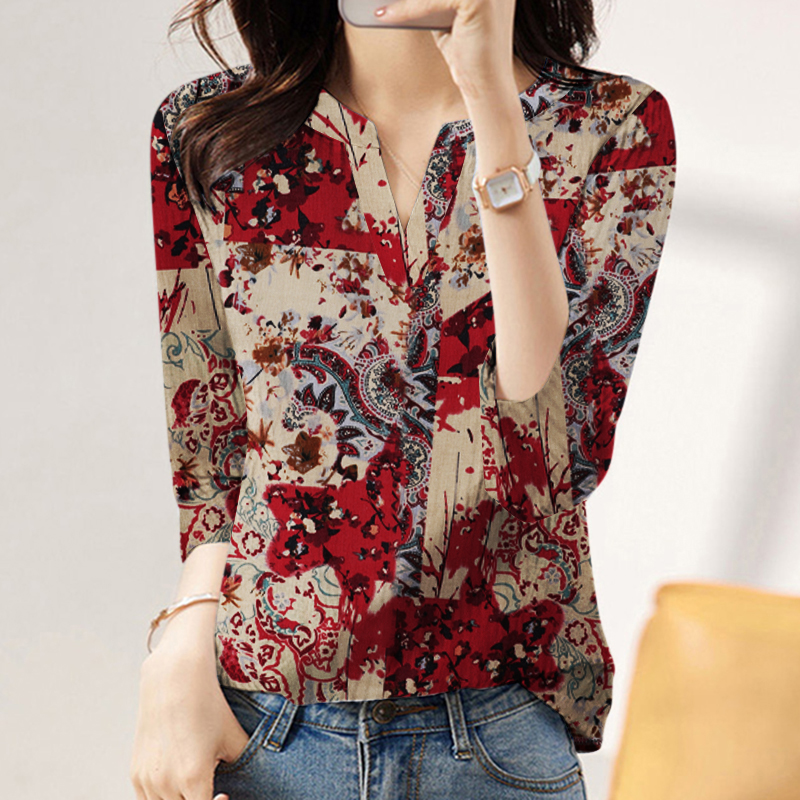 UK 8-24 Womens Printed Long Sleeve V Neck Shirt Ladies Blouse Casual Loose Tops - Picture 20 of 22