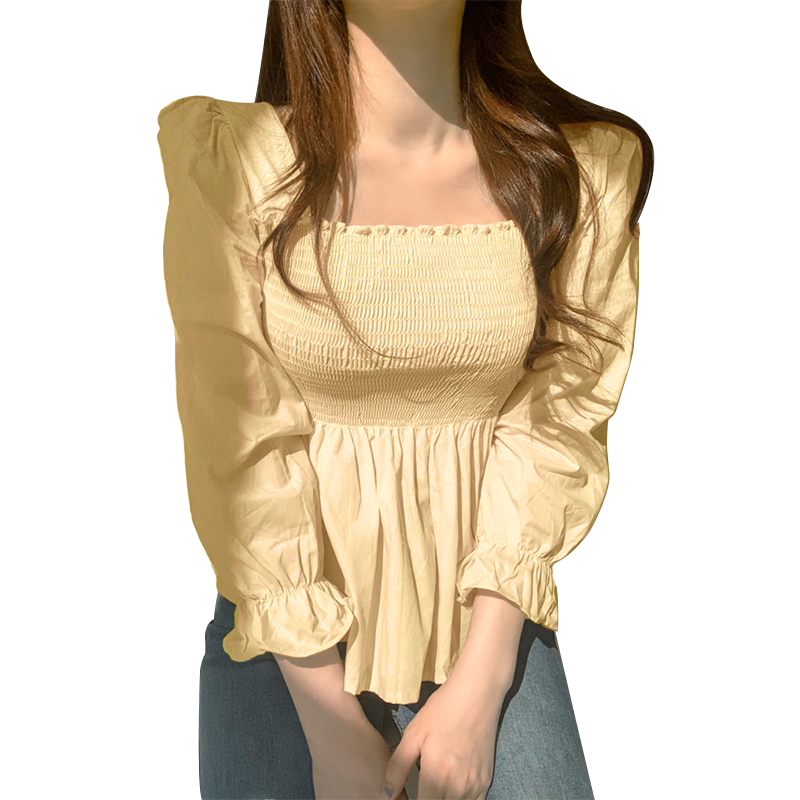 Women Long Sleeve Smocked Tops Slim Fit Square Neck Blouse Party 