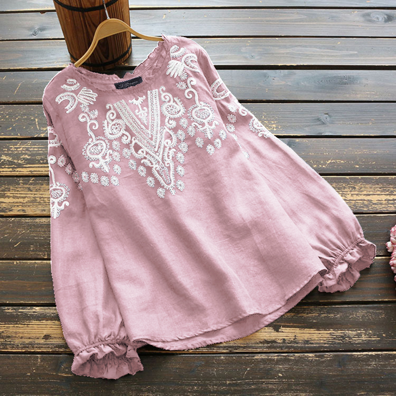 ZANZEA Womens Floral Embroidered T Shirt Long Sleeve Casual Oversized Hippie Tee - Picture 14 of 15